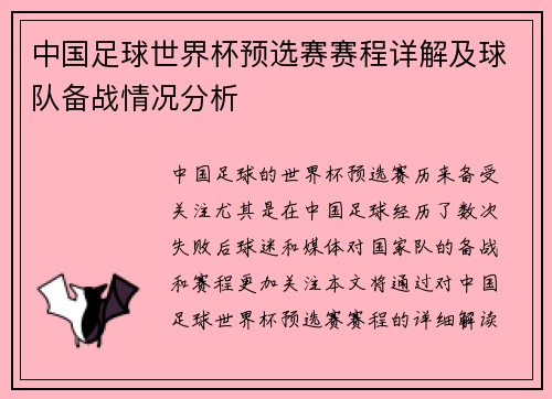 中国足球世界杯预选赛赛程详解及球队备战情况分析